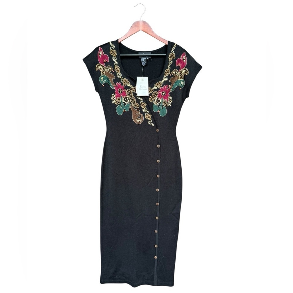 NWT VTG Carole Little Dress Large Black Wool Blend Floral Embroidery Button